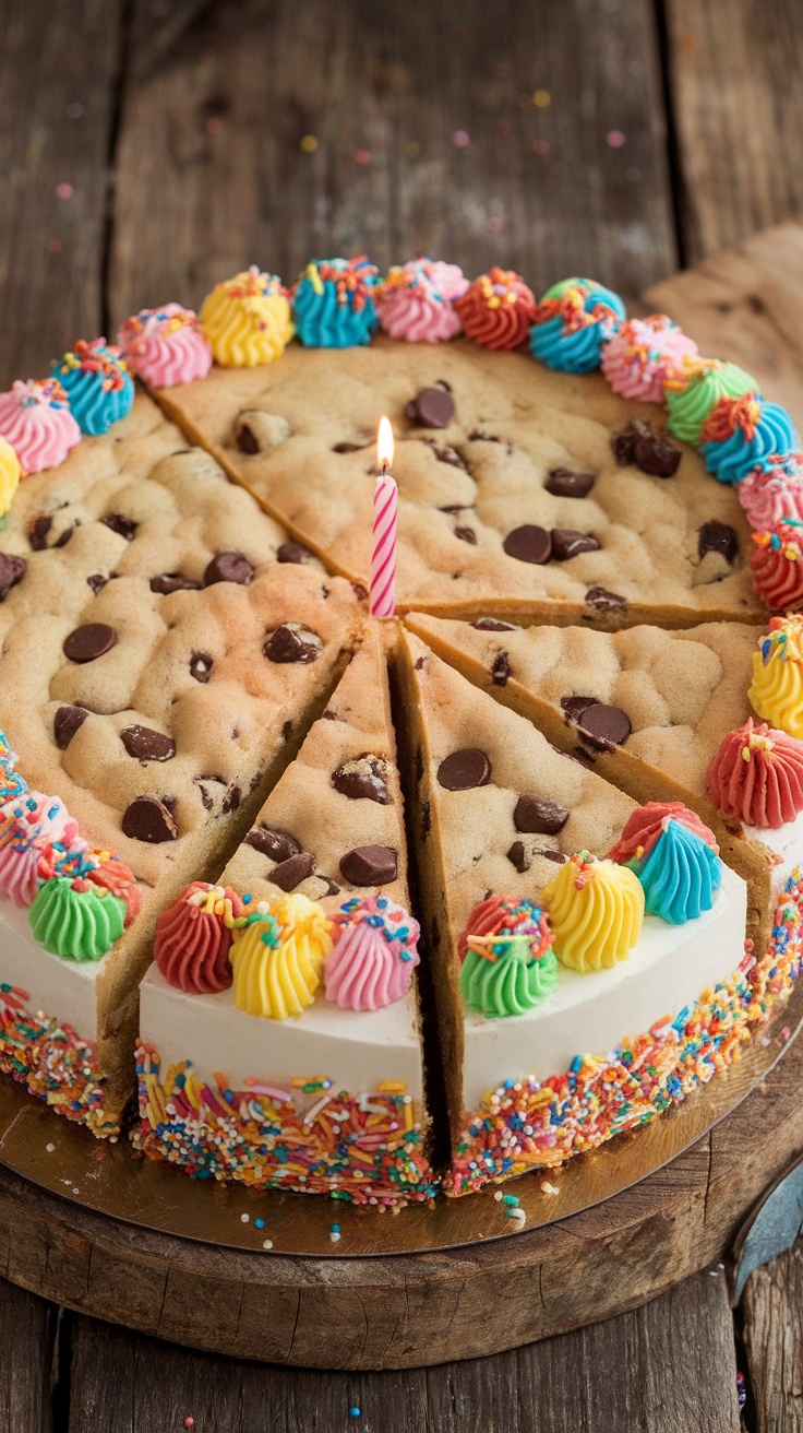 A giant chocolate chip cookie cake decorated with icing and sprinkles, perfect for birthdays.